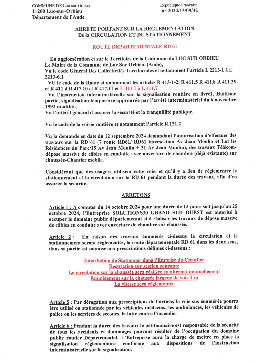 Arrêté portant sur la règlementation de la circulation et du stationnement