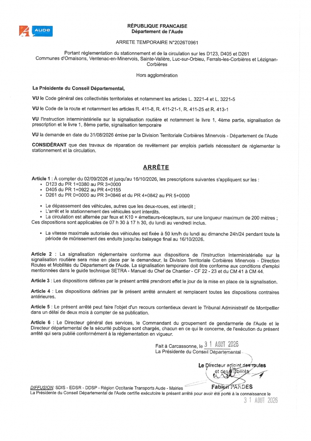 Arrêté temporaire portant réglementation du stationnement et de la circulation sur la D123, D405 et D261 ; Ornaisons, Ventenac-en-Minervois, Sainte-Valière, Luc-sur-Orbieu, Ferrals-les-Corbières et Lézignan-Corbières