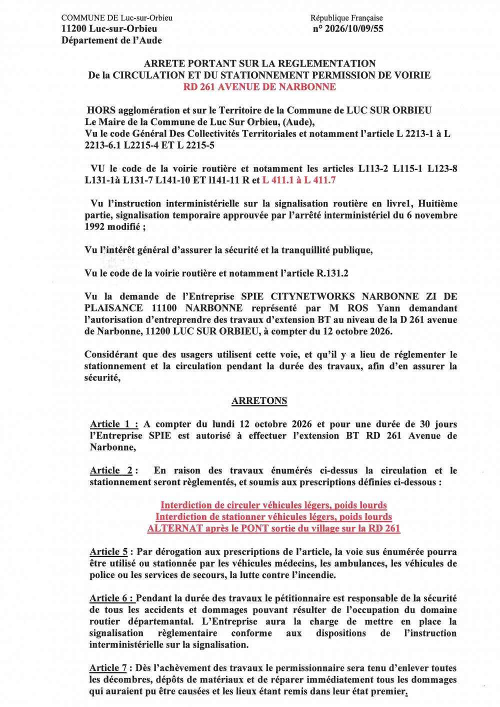 Arrêté portant règlementation de la circulation et du stationnement RD 261 Avenue de Narbonne