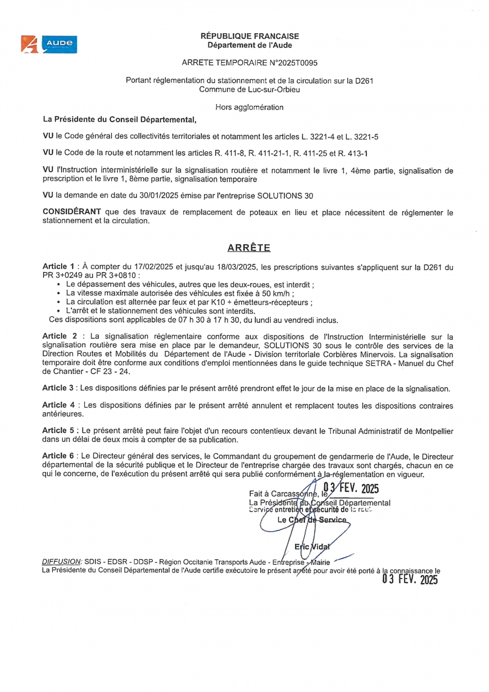 Arrêté temporaire portant règlementation du stationnement et de la circulation sur la D 261